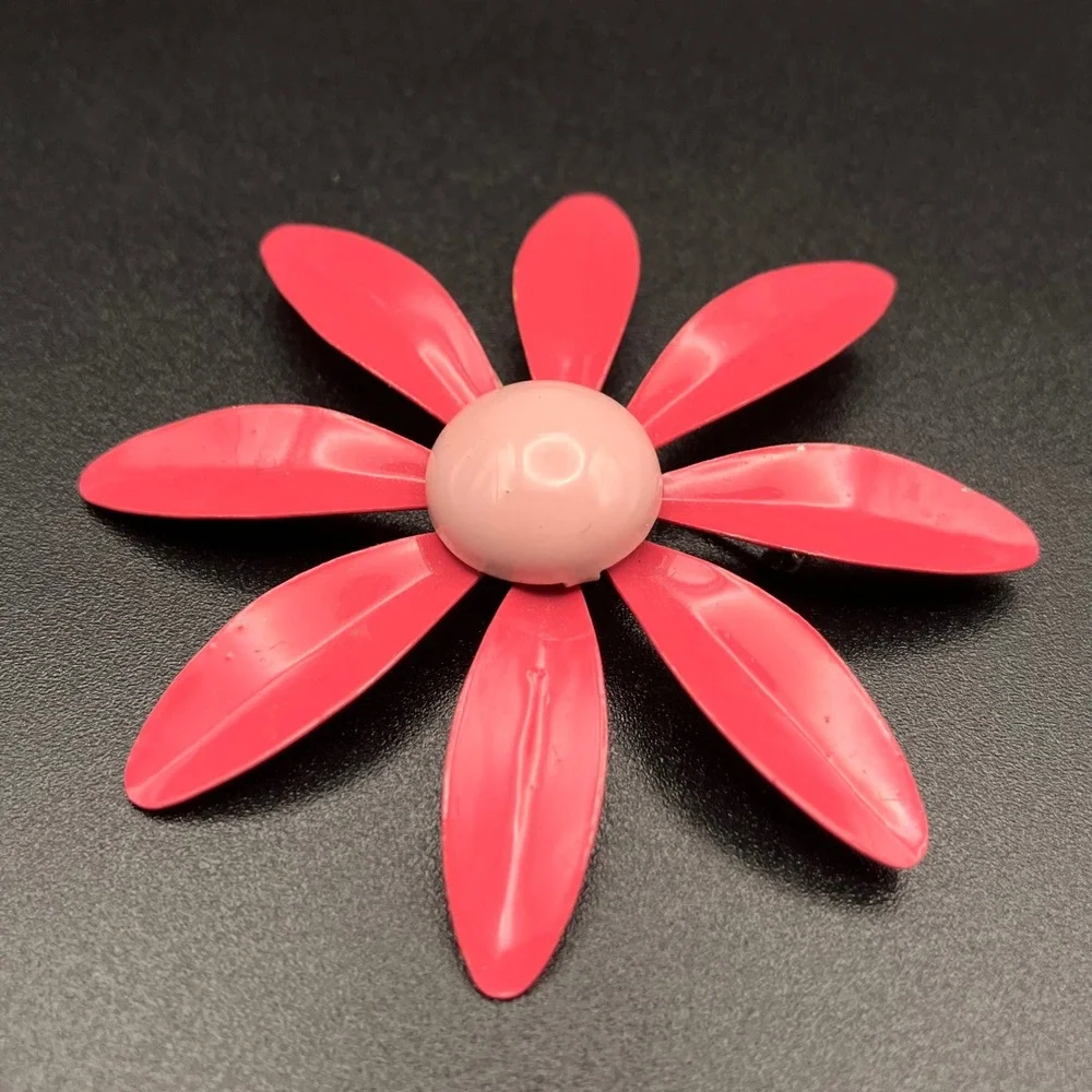 Vintage Pink Enamel Flower Brooch Mid Century Mod Pop Art Flower Power 2.75 